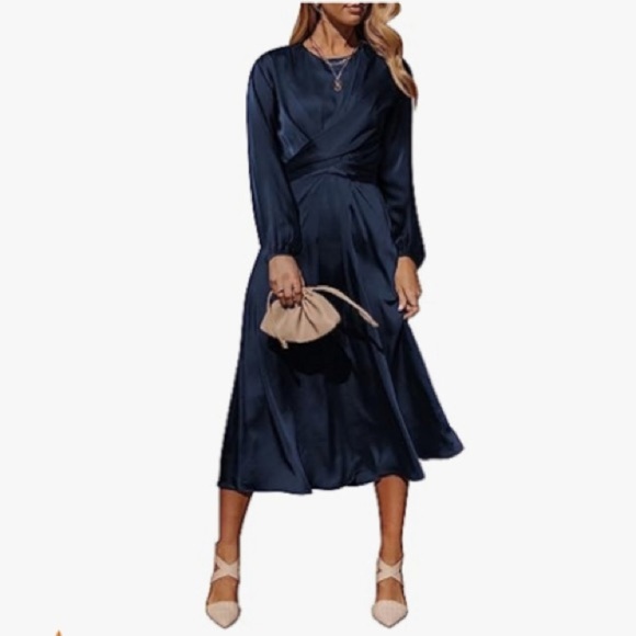 Dresses & Skirts - Long Sleeve Satin Dress Tie Back Casual floawy Midi Dark Blue dress size Large